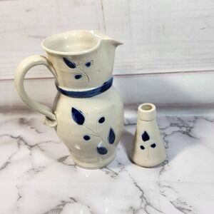 Williamsburg Pottery Salt Glazed Pitcher and Bud Vase - Cream with Blue Leaf Art